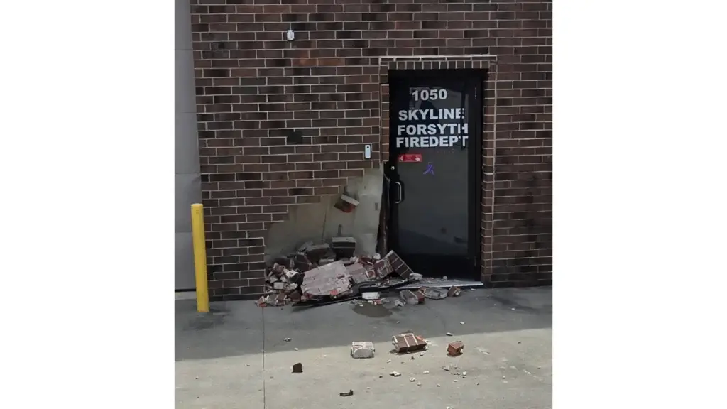 Damage done to Forsyth Fire Station #2 after Vehicle Collision (Photo courtesy Forsyth Police Department)