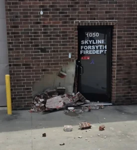 Damage done to Forsyth Fire Station #2 after Vehicle Collision (Photo courtesy Forsyth Police Department)