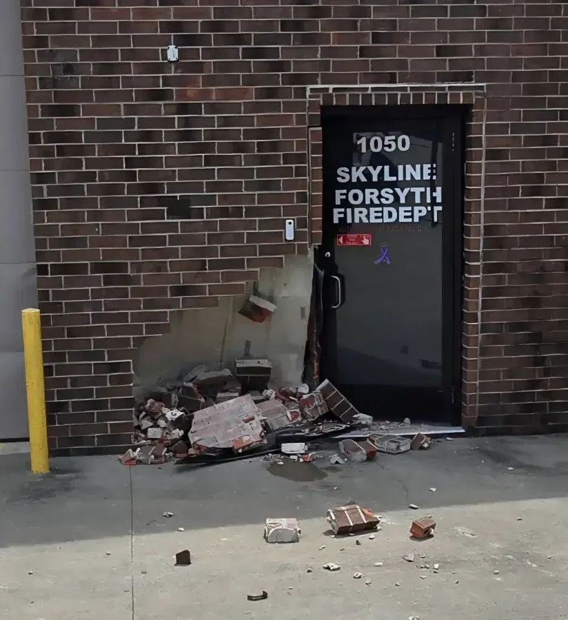 Damage done to Forsyth Fire Station #2 after Vehicle Collision (Photo courtesy Forsyth Police Department)