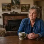 Blue Eye artist Allison Graham, known as Mama G, sitting at her kitchen table with her landscape paintings visible in the next room above a brick fireplace
