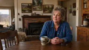Blue Eye artist Allison Graham, known as Mama G, sitting at her kitchen table with her landscape paintings visible in the next room above a brick fireplace